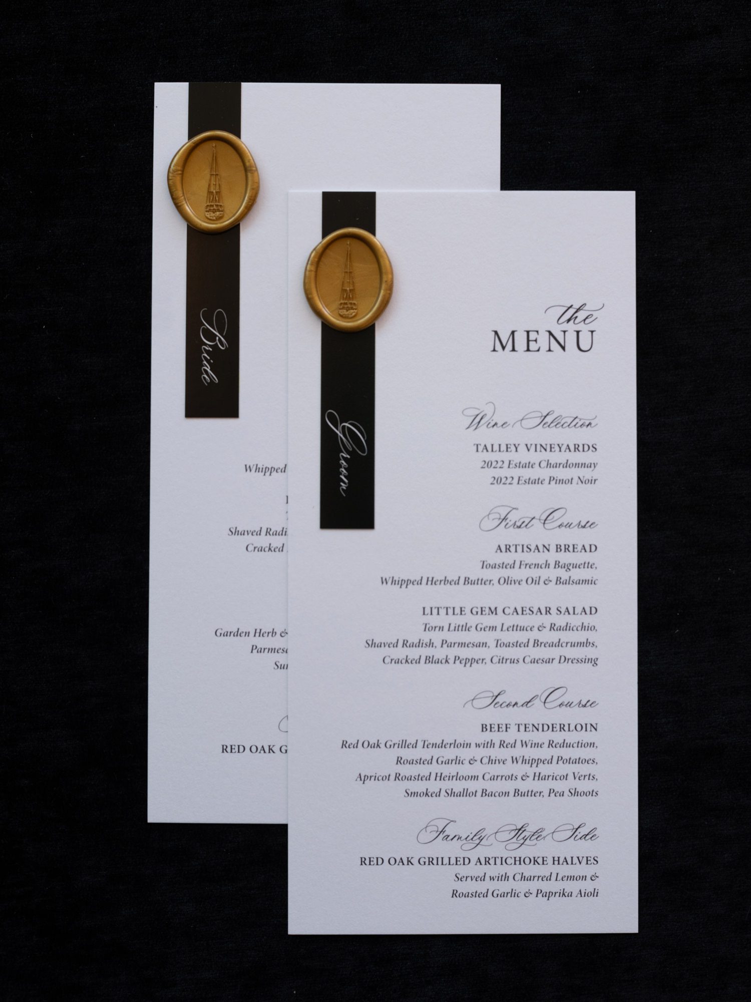 Black tie wedding menu design with serif and script typography and wax seal accent
