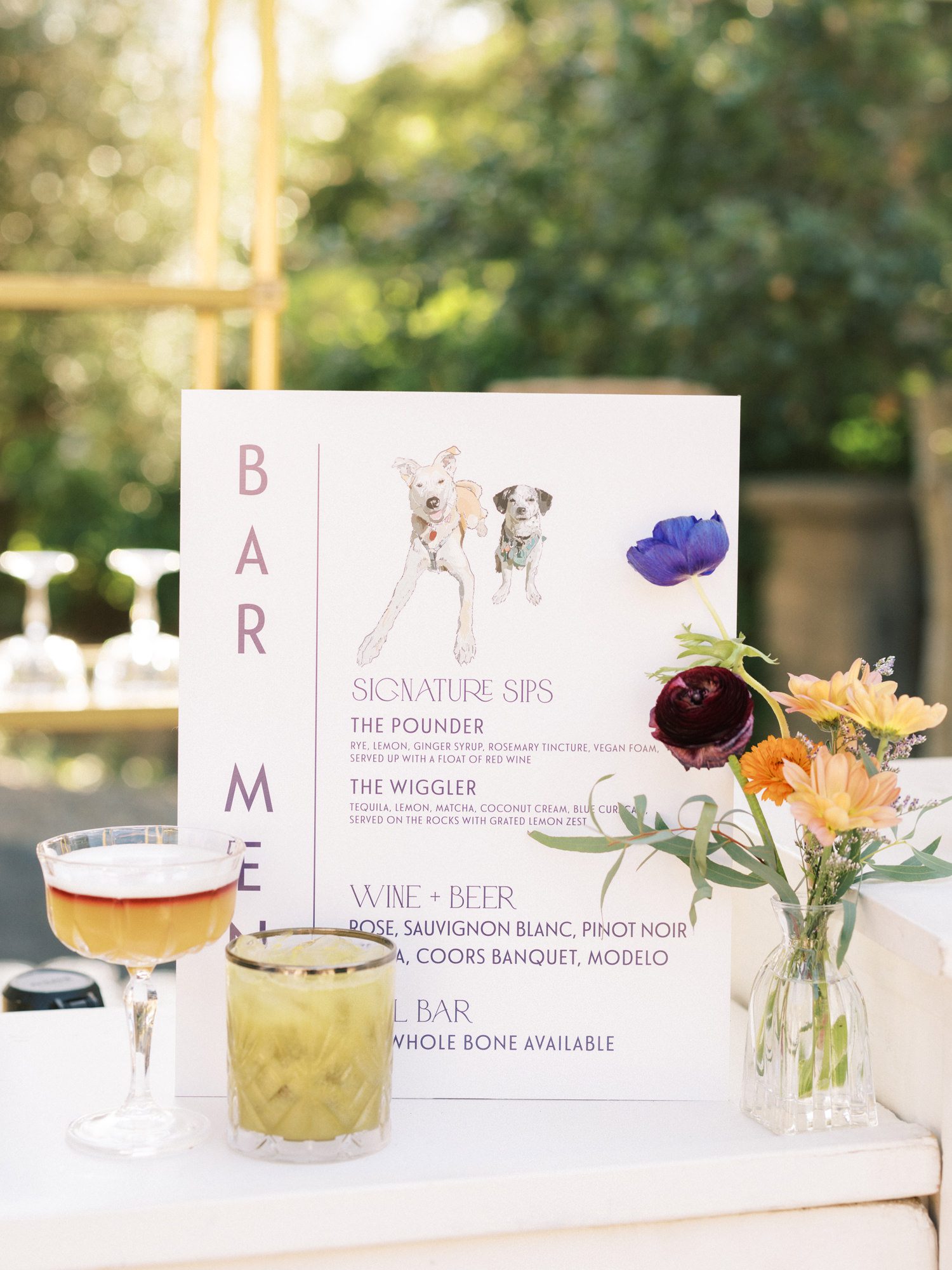 Wedding bar menu sign with custom illustration and soft pastel typography