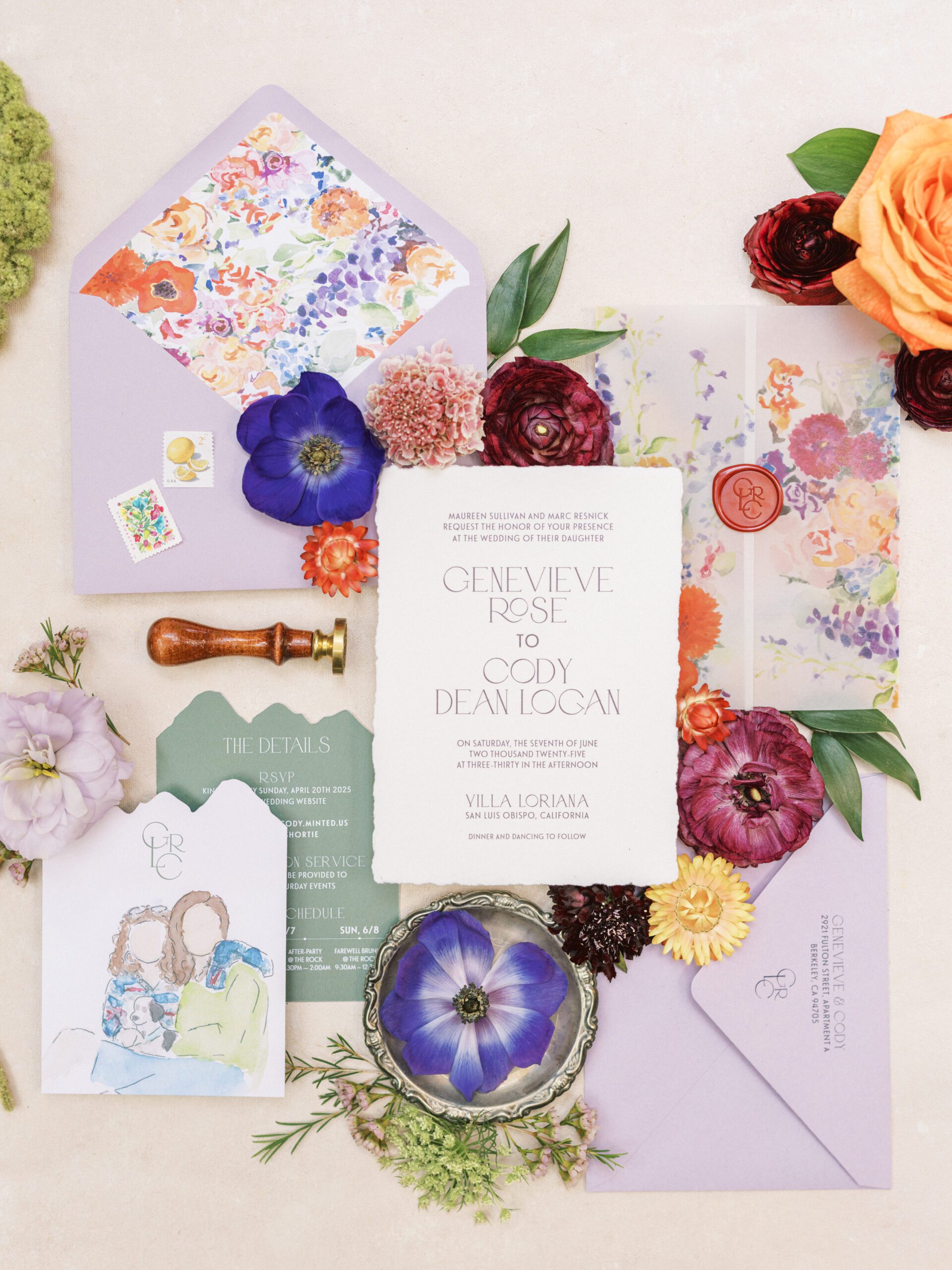 Lavender wedding invitation suite with watercolor floral liner, wax seal, and deckled edge paper