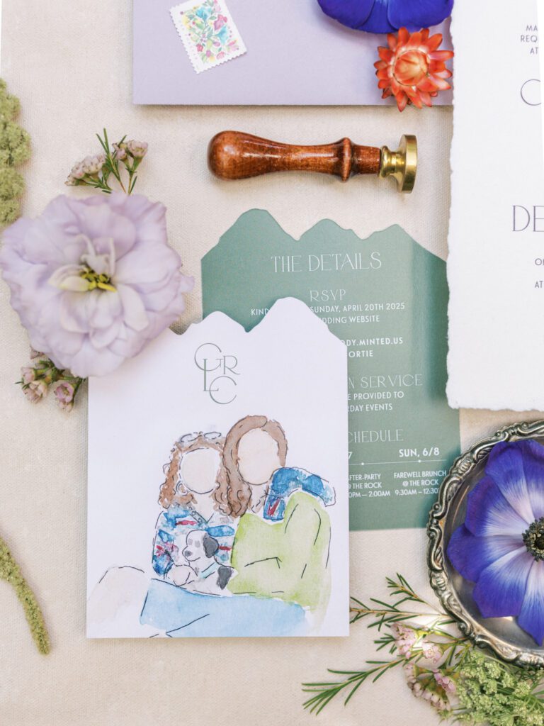 Custom wedding illustration of couple with dog on textured paper details card