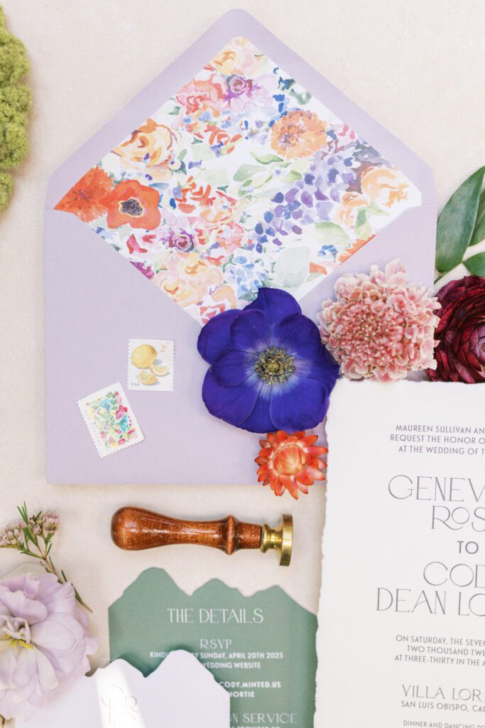 Watercolor floral envelope liner in lavender, coral, and deep blue tones