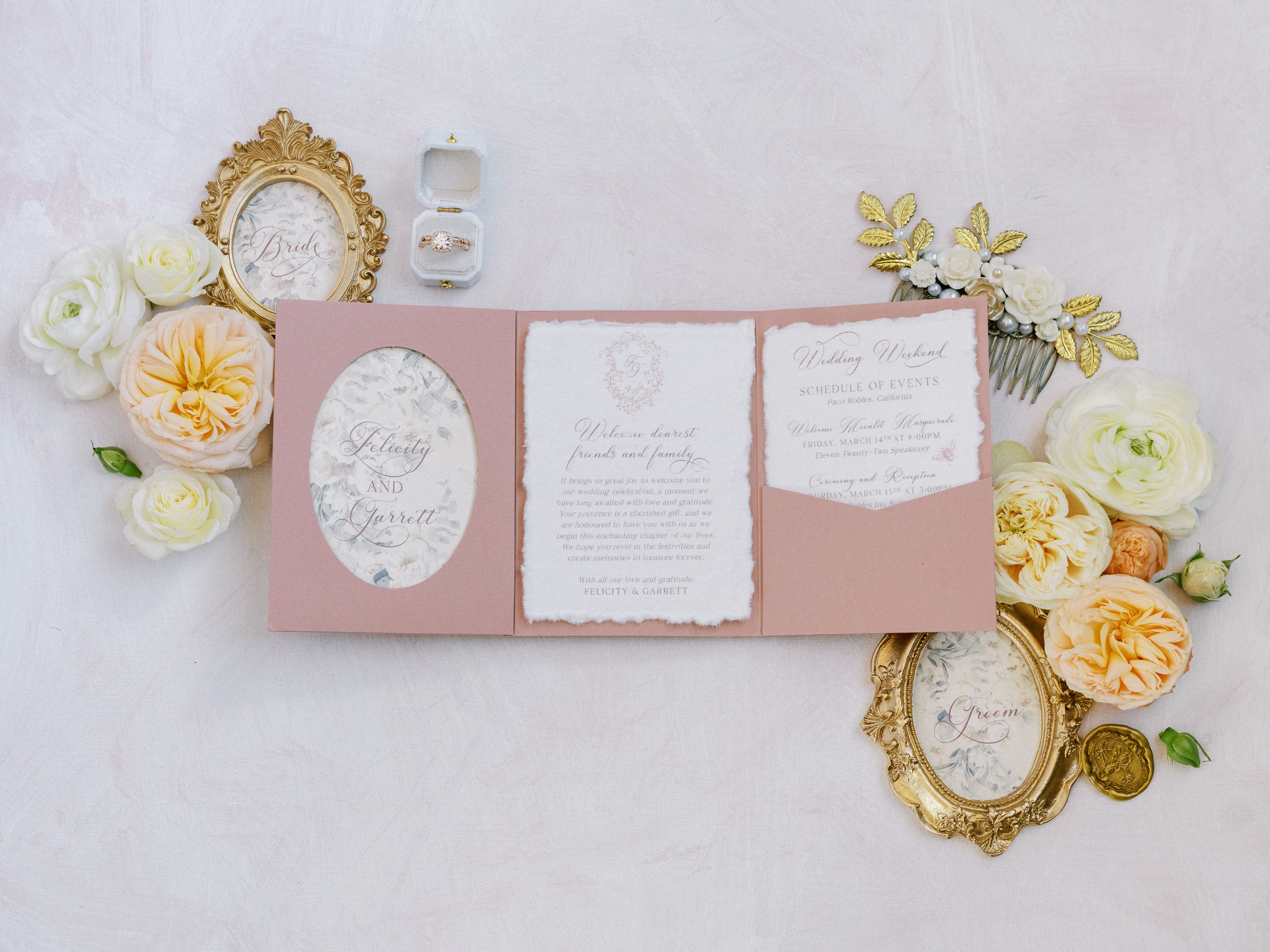 Regency-style wedding invitation suite featuring hand-torn paper, blush folder, and layered typography