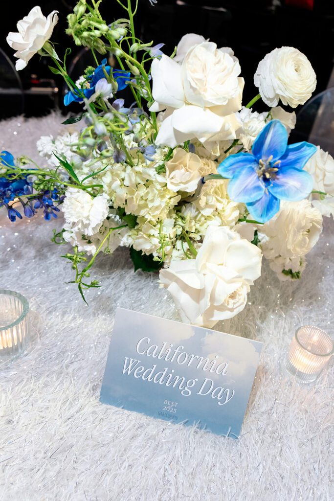 California Wedding Day Best of Awards display featuring floral arrangement and 2025 magazine highlighting industry winners.