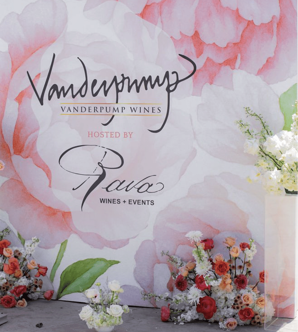 Custom floral welcome sign for Women in Wine luncheon at Rava Wines in Paso Robles featuring Vanderpump Wines