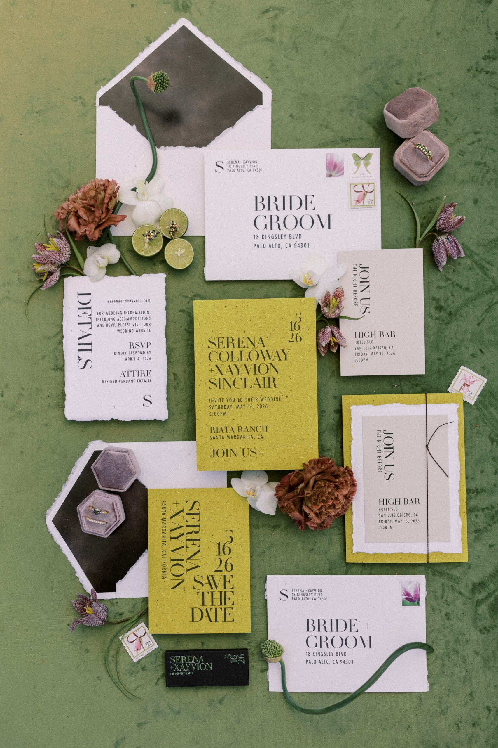 Riata Ranch wedding invitation suite in green and chartreuse with custom stationery by Rachell Rae Designs, featured in California Wedding Day.