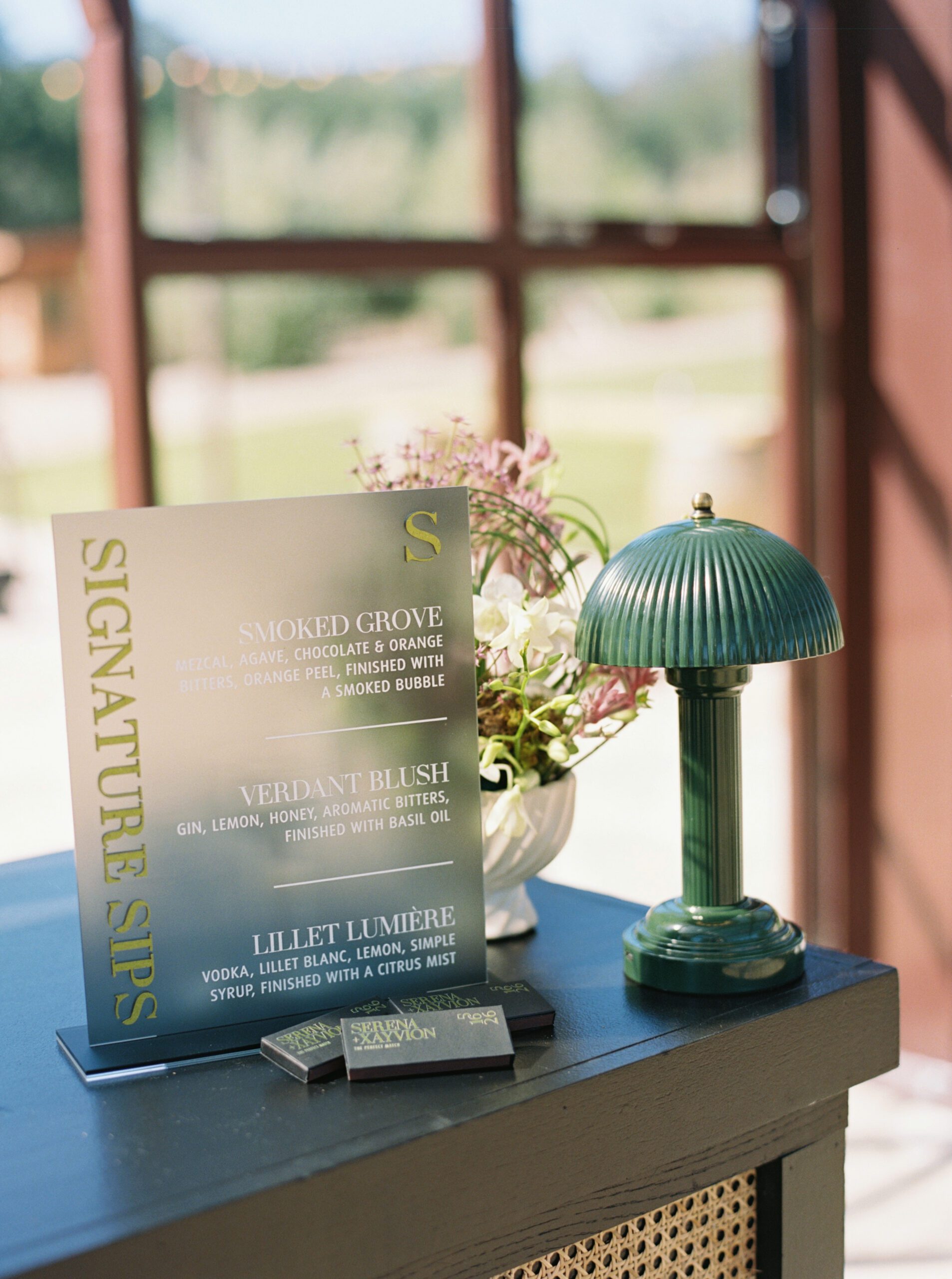 Custom acrylic signature cocktail sign with modern typography and green details by Rachell Rae Designs