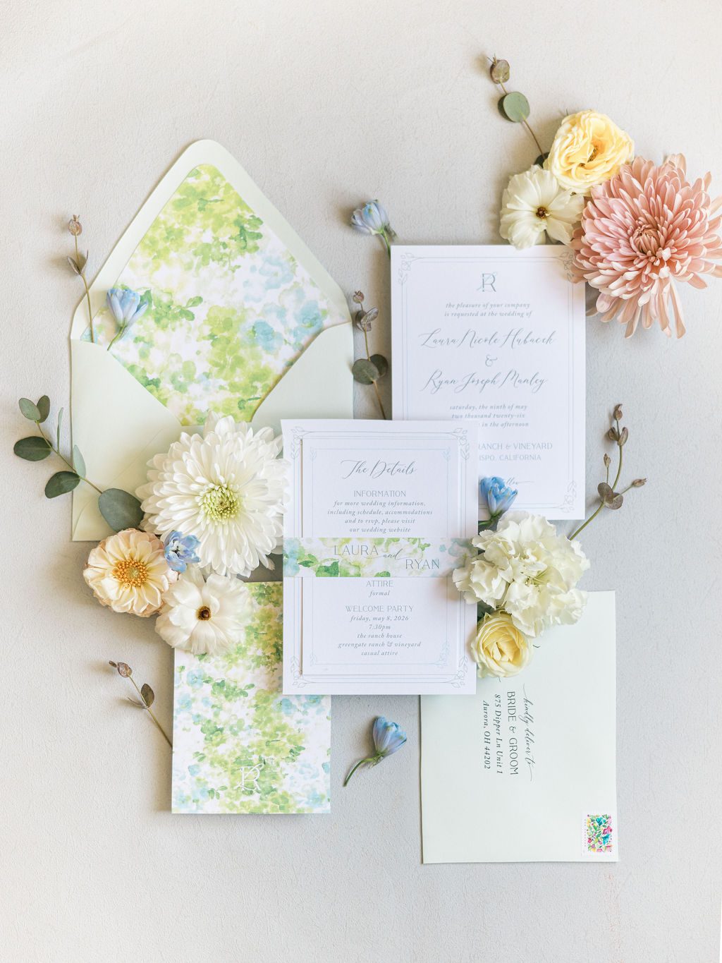 Hydrangea Meadow-inspired custom wedding invitation suite for Laura and Ryan at Greengate Ranch & Vineyard