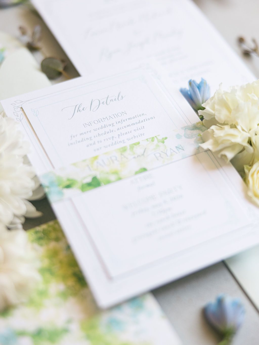 Hydrangea Meadow watercolor belly band and custom wedding details card