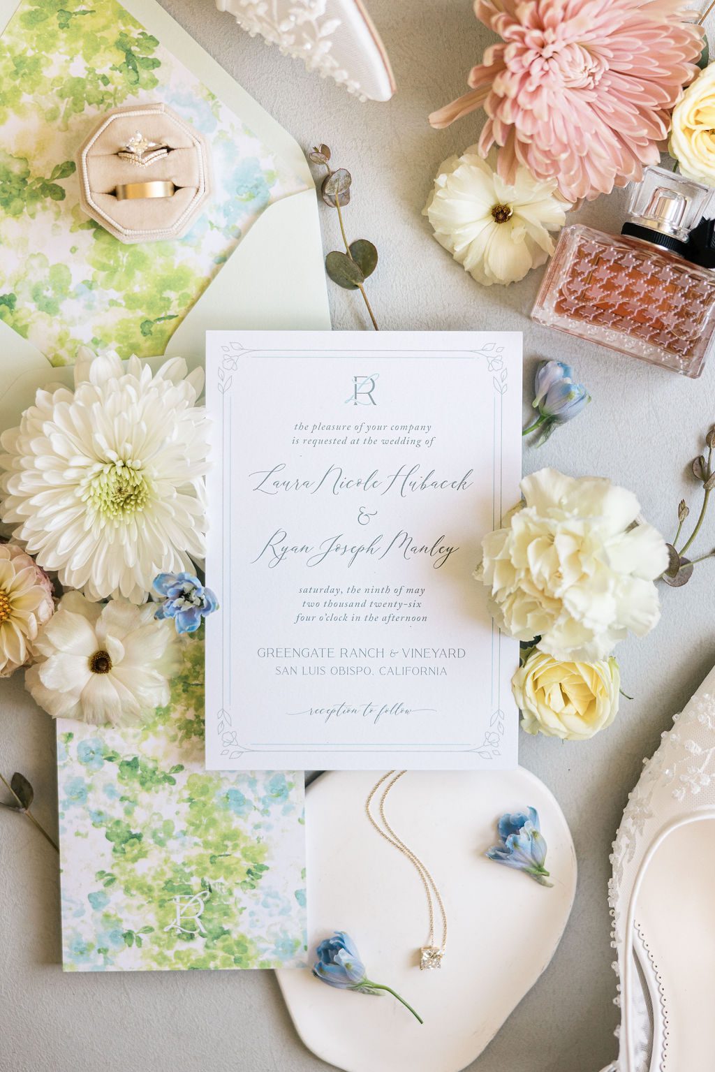 Custom sage and blue wedding invitation suite with Hydrangea Meadow watercolor details