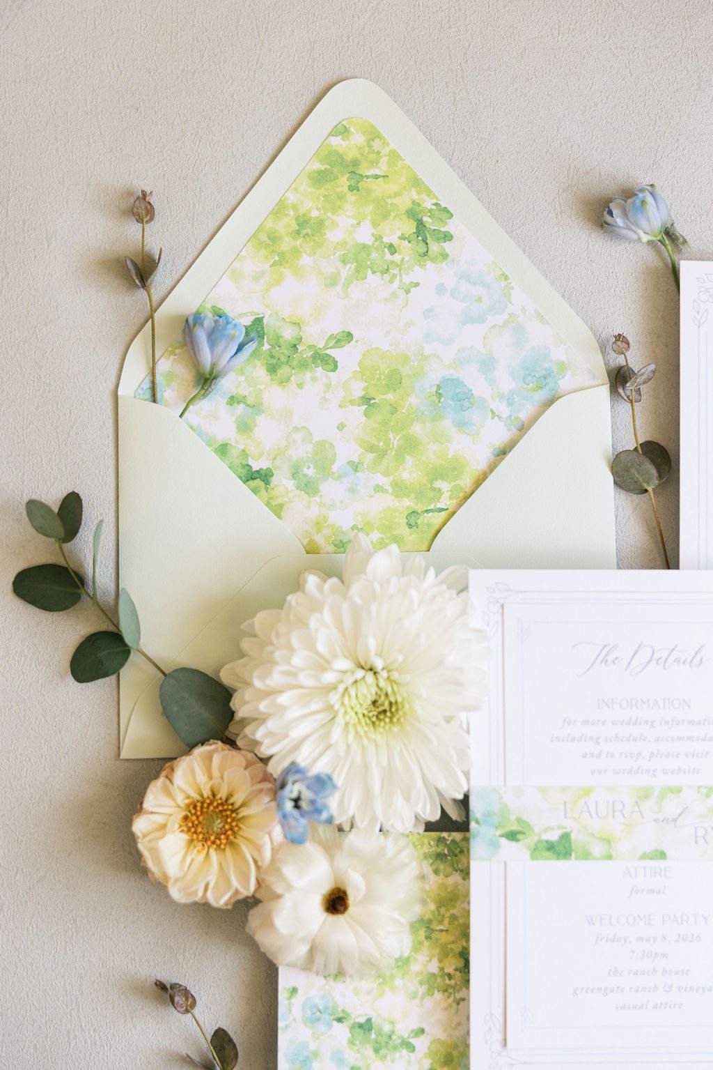 Hydrangea Meadow reception linen and coordinating watercolor wedding invitation envelope liner