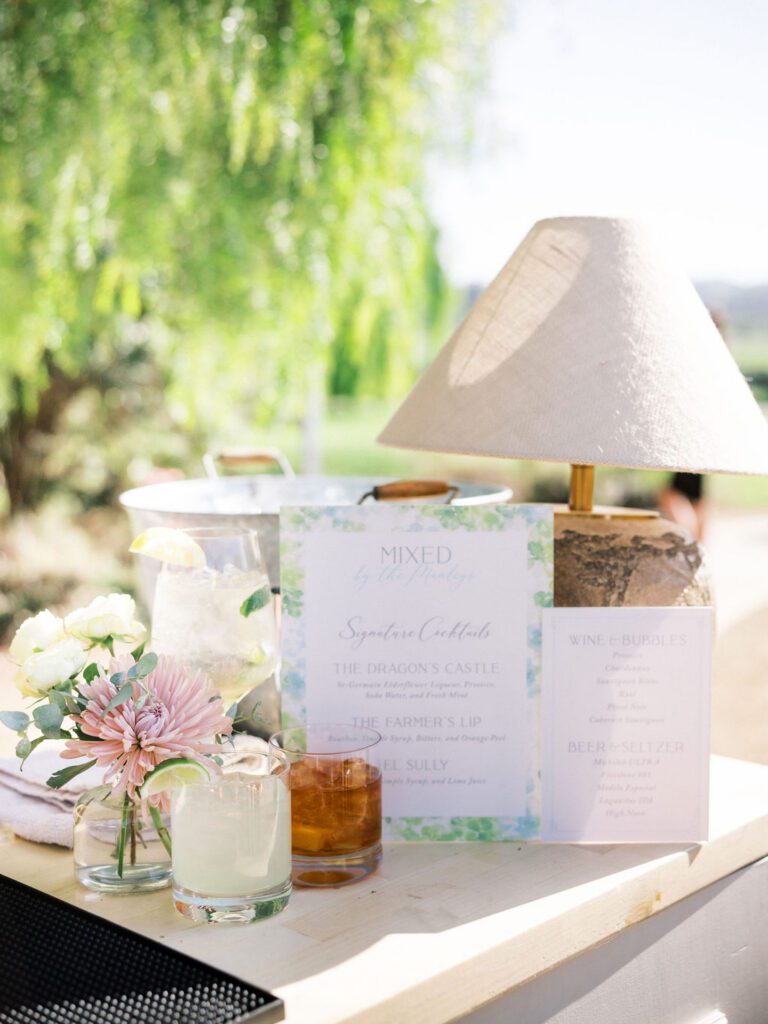 Hydrangea Meadow-inspired signature cocktail and bar signage